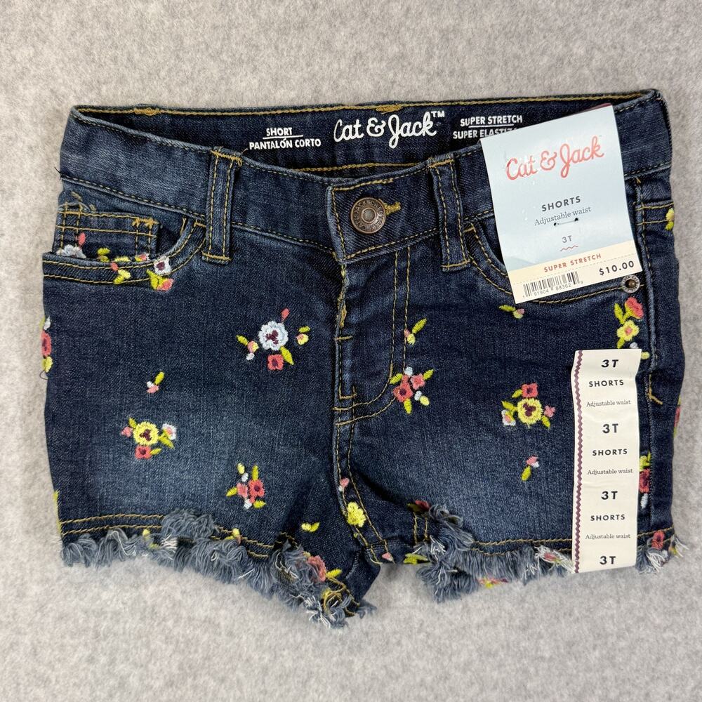 Cat & Jack Baby Toddler Girls 3T Floral Embroidered Denim Jean Shorts Adjustable